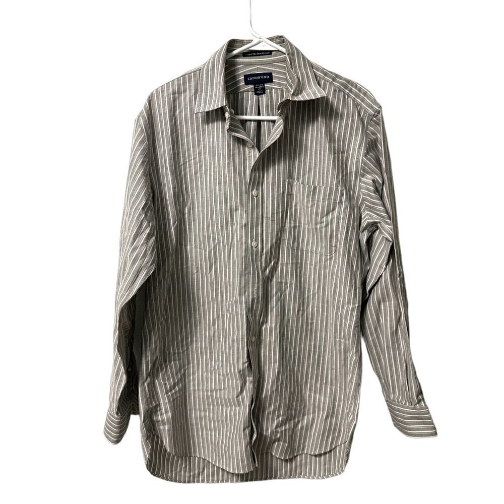Lands' End Mens Striped Long Sleeve Shirt Size 15.5/33 Gray White